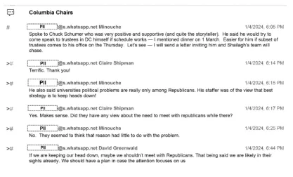 Columbia University president Minouche texts with David Greenwald